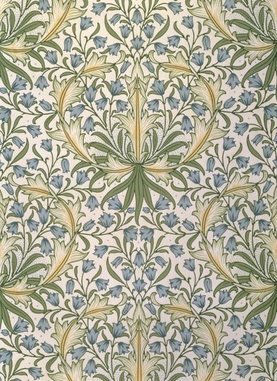 Tapete mit kleinen blauen Blumen in großen grünen Blättern, entworfen von William Morris (1834-96) von William Morris